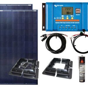 2 x 100w Black Solar Panel Kit Victron Energy PWM, Cables and Mounting Brackets