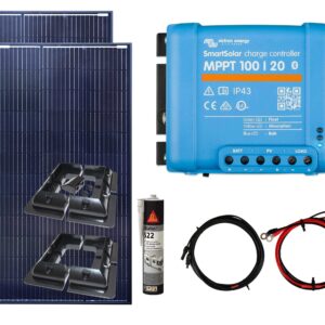 2 x 100w Black Solar Panel Kit Victron Energy Smart MPPT, Cables and Mounting Brackets